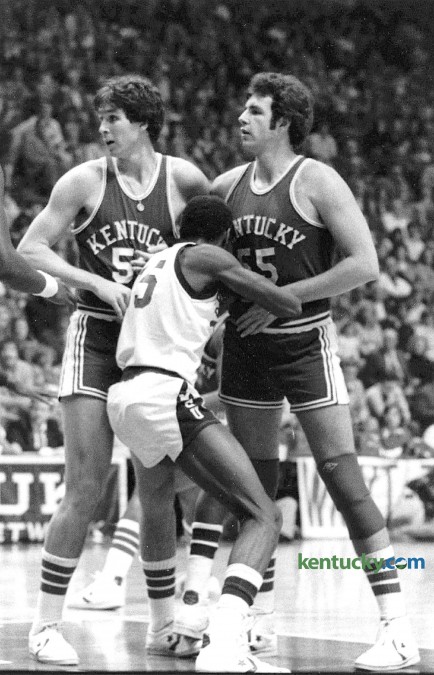 Kentucky's Rick Robey and Mike Phillips block the path of a Mississippi St. player March 8, 1976 during the final game in Memorial Coliseum for the UK men's basketball team. Photo by Frank Anderson, Herald-Leader staff.