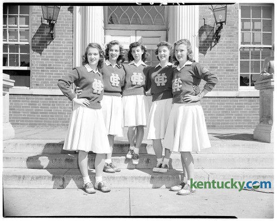 Group portrait of Henry Clay High School's first girl cheerleaders. Left to right, Doris Walker, Betty Peck, Edie McLendon, Patty Wilkinson, and Faye Fitzgerald. ****10/3/1946***on Page A.285