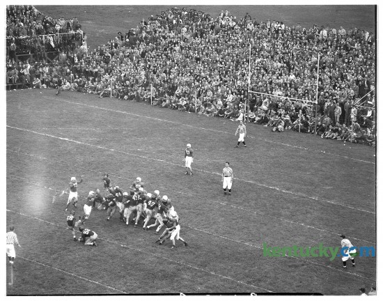 A scene from University of Kentucky football's  13-0 loss to Alabama, Nov. 1947 at Stoll Field. For 48 years the Cats called Stoll Field home, until they moved into Commonwealth Stadium in 1973. Stoll Field was across the street from Memorial Coliseum. 