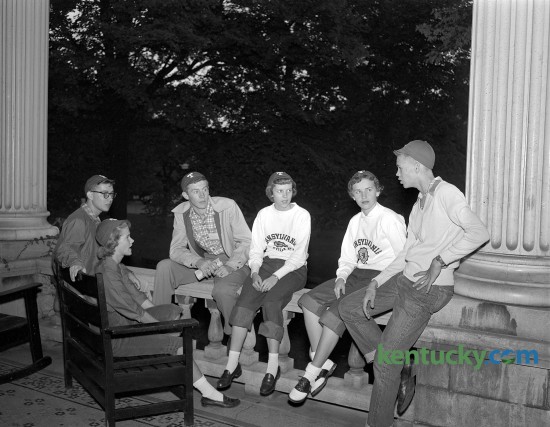 Transylvania College orientation week, Sept. 1954. Left to right: Charles E. Lewis, Carolyn Reynolds, Bob Wright, Nancy Jones, Delma Sue Brinegar and Roland Russell. Published in the Lexington Leader Sept. 23, 1954.