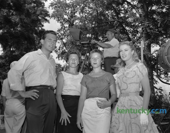 The movie April Love, was filmed in Lexington in 1957.  Stars Pat Boone, left and Shirley Jones, right, were photographed with Lexington's, Dorothy (Dedee) Leet and Carol Leet. Published in the Lexington Leader June 17, 1957. 