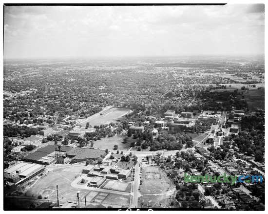 Aerial shot of University of Kentucky campus, 1945. Running from left to right across the picture is South Limestone St. Memorial Hall is on the left side, about halfway up, and Stoll Field is just to the left of center.