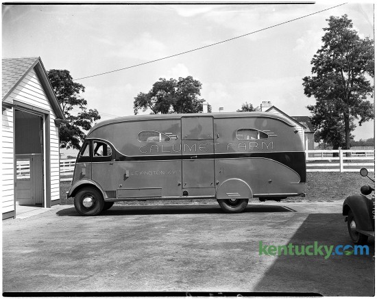 A horse van at Calumet Farm, July, 1944. The farm started in 1924 and became an icon of Thoroughbred breeding and racing. During the farm's heyday, from the 1940s through the 1960s, Calumet horses won eight Kentucky Derbys and two Triple Crowns.