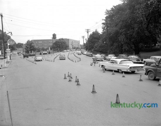 Safety test patterns set up July 11, 1958 by the traffic department at intersection of South Upper and South Limestone. To the right is Adminstration Dr., which leads to the main gate at the University of Kentucky. Note that to the left, traffic on South Upper is going two-way.