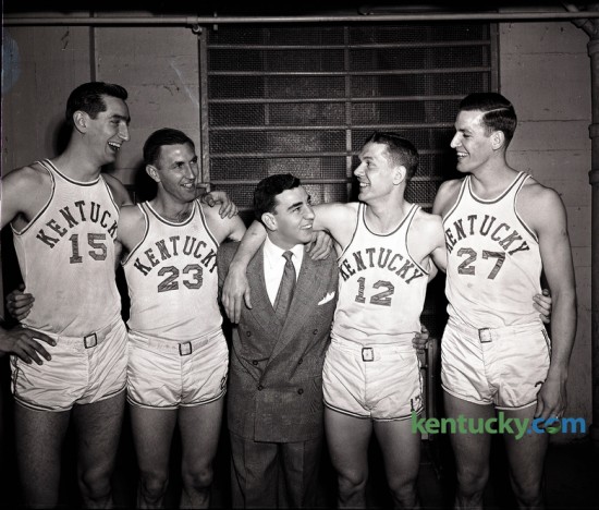 Four senior members of the University of Kentucky championship basketball team and the student manager, Humsey Yessin, prior to their final appearance in Alumni Gymnasium February 26, 1949. From left, Alex Groza, Cliff Barker, Yessin, Ralph Beard and Wallace "Wah Wah" Jones. UK defeated Vanderbilt, 70-37. 