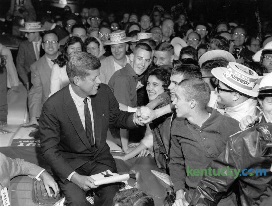 Democratic presidential candidate Sen. John F. Kennedy made a campaign stop in Lexington in 1960. In his hand is a proclamation that made Oct. 8, 1960, "John Kennedy Day".  Kennedy won the presidential election a month later. 
