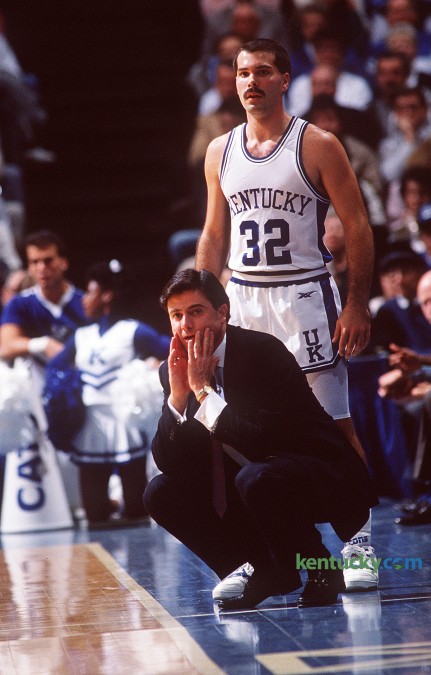 Rick Pitino coaching his first game at UK against Ohio. Behind Pitino is  Richie Farmer. The Wildcats won 76-73 and finished the season 14-14, 10-8 in the SEC. Photo by Charles Bertram, staff