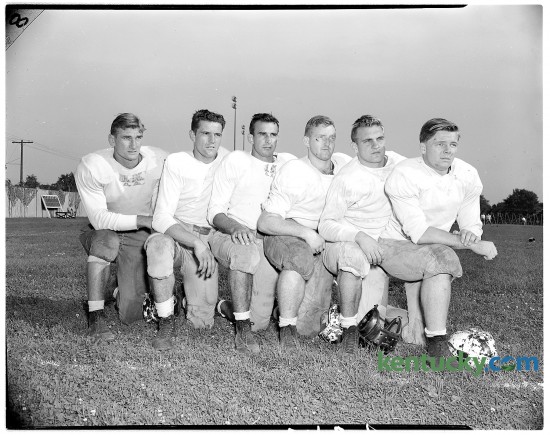Newcomers on the University of Kentucky football team in Sept. 1946 included future UK coach  Jerry Claiborne, second from right. Claiborne played three years as halfback under Paul "Bear" Bryant. He went on to become the head coach at Virginia Tech (1961–1970) and  Maryland (1972–1981) before returning to UK in 1982. In his eight seasons as head coach, he led the Wildcats to two bowl games and a record of 41-46-3. He was inducted into the College Football Hall of Fame in 2000.  In the photo from left to right is Harry Ulinski, Nick Odlivak, John Ciepalich, J. C. Williams, Claiborne and Dick Holway. Published in the Lexington Leader September 17, 1946.