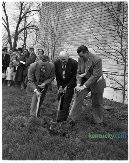 Reverend James Florence, left,  Reverend A.R. Perkins and Paul Stephens broke ground for planned improvements at the 111 year-old Mount Zion Methodist Church. Published in the Lexington Leader April 20, 1950. 
