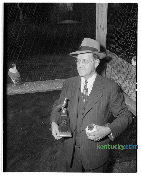 L.F. Rue, a Lexington grocer, 662 East Main street, shown with trophy and one of his Modean show pigeons. Published in the Lexington Leader November 1, 1945. 
