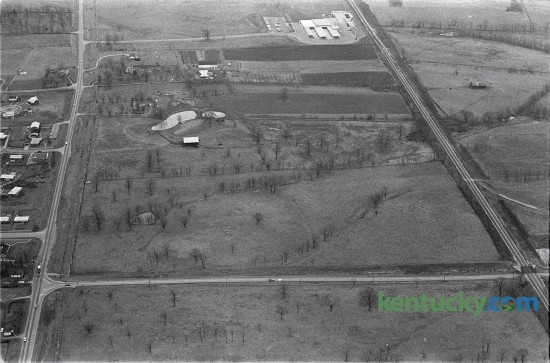 Aerial view of future Fayette Mall site January 19, 1967. Sixty acres of this land with frontage on Nicholasville Road , left, and Reynolds Road, near the bottom of the photo,  was the John  Shillito Company's selection for the site of its first Kentucky department store. 
