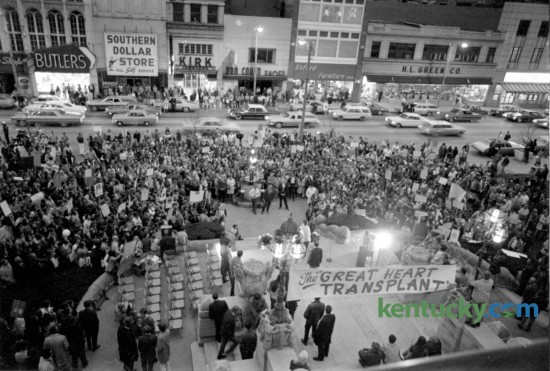 Nearly 1,000 people, predominantly young  people, marched and rallied in support of the Billy Graham Crusade for Christ  in front of the Fayette County Courthouse, April 23, 1971. 