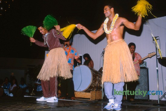 In November of 1985 the University of Kentucky basketball  team traveled to Hawaii to play two games during Thanksgiving week. On November 25, the off day between games  with Chaminade and Hawaii,  freshman Irving Thomas and junior Paul Andrews competed in a hula contest. Andrews was named the winner. Photo by Ron Garrison | Staff