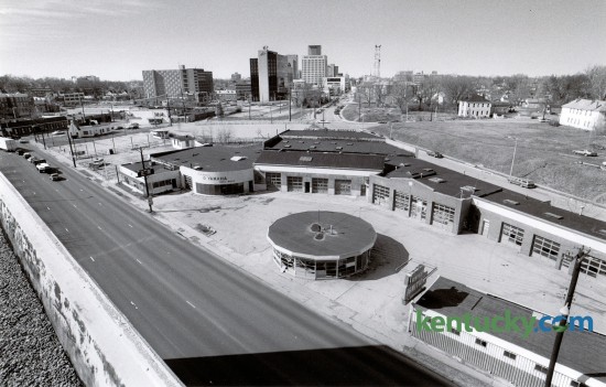 In February 1990 plans were announced for a new downtown park to be built on this site along Midland Avenue and Main Street. Various used car lots and auto repair shops had occupied this block. The new park became Thoroughbred Park, developed by The Triangle Foundation. Photo by Clay Owen