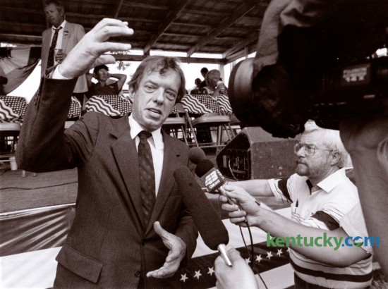 Lexington attorney Gatewood Galbraith talked with reporters before his speech at the 110th Fancy Farm Political Picnic at St. Jerome's Church in Fancy Farm, Ky., August 4, 1990. Photo by Charles Bertram | Staff