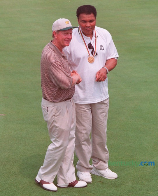Jack Nicklaus and Muhammad Ali posed for photographers during the 78th PGA Championship at Valhalla Golf Club in Louisville August 8, 1996. Course designer and five-time champion Jack Nicklaus missed the cut by a single stroke at age 56. Photo by Michelle Patterson | Staff