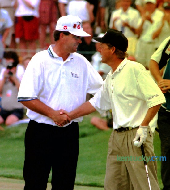 Kenny Perry, left, shook hands with Mark Brooks after Brooks won the PGA Championship August 11, 1996 at Valhalla Golf Club in Lousiville. Brooks won on the first hole of a sudden-death playoff. Perry, a Kentucky native, was discussing his own comeback with CBS commentators when Brooks tied him on the 18th hole. Photo by Michelle Patterson | Staff