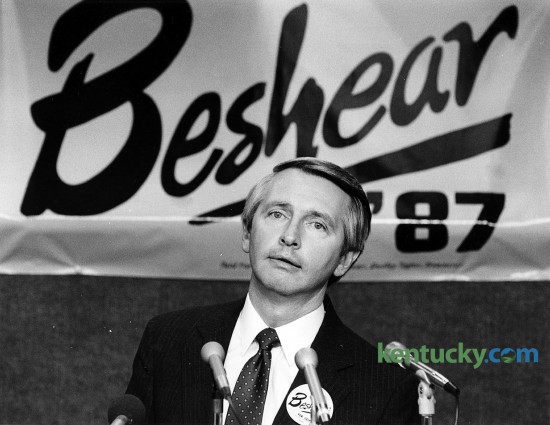 Steve Beshear announcing his run for Governor of Kentucky at Blue Grass Airport in Lexington, Feb. 3, 1987. Beshear was Lt. Gov. when he announced he was running for the state's highest office. He came in third in a five-candidate, Democratic primary and stepped away from politics to practice law. In 1996 he challenged Mitch McConnell for Kentucky's U.S. senate seat but lost. In 2007 he beat Ernie Fletcher in the race for governor and was elected to a second term in 2011. Due to term limits he is not eligible to run again for governor.