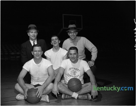 From a preview of the Press-Radio-TV basketball game that was held annually in Memorial Coliseum in 1960. These are members of the Radio-TV basketball team; front row,  Claude Sullivan, Hugh Jones, center, Jack Lori, back row, Jim Host, and Earl Boardman. Absent from the picture were Wah Wah Jones, Buzz Riggins, and Dick Roy. Published in the Lexington Herald December 31, 1960. 