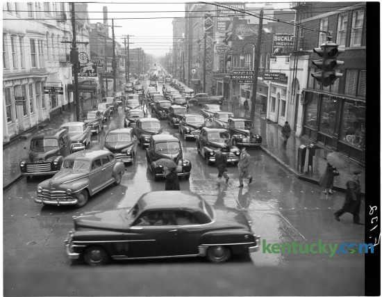 Noon hour traffic jam on Short Street in downtown Lexington. Published in the Lexington Herald January 16, 1951. Herald-Leader Archive Photo