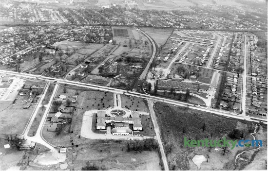 Aerial view of the Campbell House Inn, lower center of photo, in 1960. Harrodsburg Road, center, runs left to right and Waller Avenue comes in from the top. Mason Headley Road, at right, runs beside the Campbell House, which opened its doors to the public in 1951. Published in the Lexington Leader January 14, 1960. Herald-Leader Archive Photo
