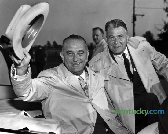 Senator Lyndon B. Johnson, along with Governor Bert Combs, opened the Kentucky presidential campaign in Frankfort in October 1960. Published in the Lexington Herald October 21, 1960. Photo by E. Martin Jessee | Staff