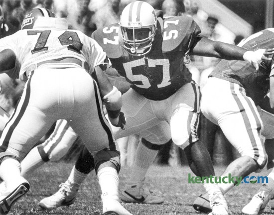 University of Kentucky football's Dermontti Dawson, photographed in 1987. Dawson, who played center and guard for the Wildcats from 1984-87, enjoyed a 13-year career in the NFL with the Pittsburgh Steelers. In 2012 he was inducted into the Pro Football Hall of Fame.