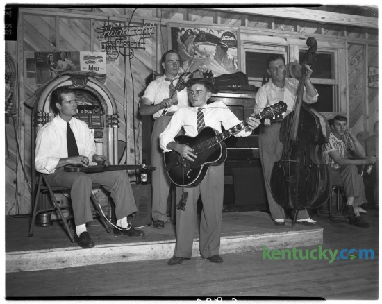 An unidentified country band played for a group of Clark County square dancers in 1948. The dancers were competing for the right to represent Clark County at the Kentucky Press Association sponsored day at Joyland Park for the benefit of crippled children. This is an unpublished photo from August 1948. 
