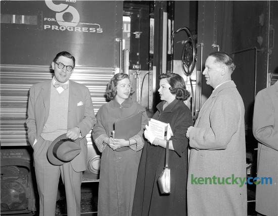 Actress Judy Garland, second from right, arrives at Lexington's Union Station April 28, 1953. The actress and singer, known for her role as Dorthy in "The Wizard of Oz", was in Lexington to perform in a show at Memorial Coliseum as part of Blue Grass Festivals, Inc. pre-Derby attractions. While in Lexington, the actress, Described by Fred Astaire as "the greatest entertainer who ever lived", visited children at Shriners Hospital. With her are Lexington Mayor Pro Tem Fred E. Fugazzi, Miss Ann Powell and Hugh Meriwether, president of Blue Grass Festivals.
