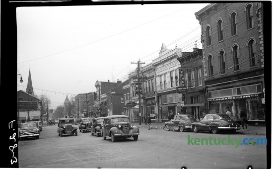 Downtown Cynthiana looking down Main Street (U.S. 27), from the courthouse, January 1951.