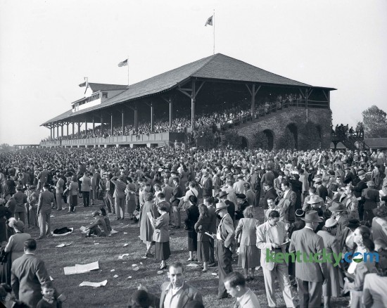 On Saturday October 15, 1949 a crowd of 11,446 people arrived to watch the races at Keeneland's Fall Meet. The grandstands were taken two hours before the first race. Published in the Herald-Leader October 16, 1949.