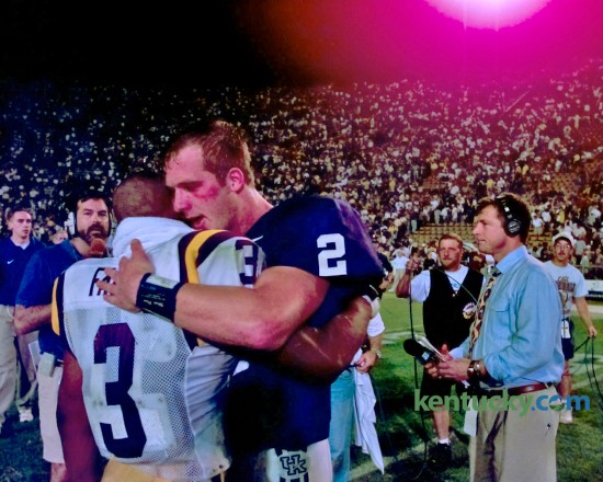LSU running back Kevin Faulk, left, congratulated Kentucky quarterback Tim Couch after the Cats defeated LSU,  39-36, on the road on Oct. 17, 1998. It's the last time that Kentucky has won at the stadium known as Death Valley. LSU leads the overall series with 39 wins to Kentucky's 16 wins. There was one tie, in 1953.  Photo by Frank Anderson | Staff