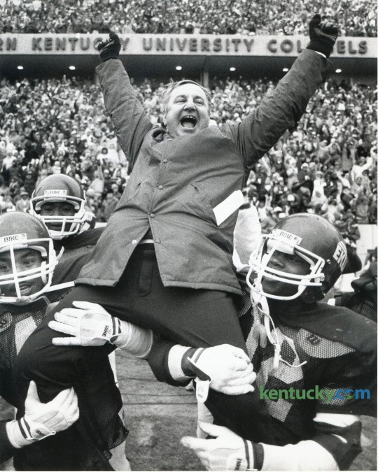 Coach Roy Kidd got a ride to the locker room after his Eastern  Kentucky Colonels earned their fourth straight trip to the NCAA  Division I-AA football championship game with a 13-7 victory over  Tennessee State at EKU's stadium in Richmond, KY on December 11, 1982.   Photo by Charles Bertram | Staff