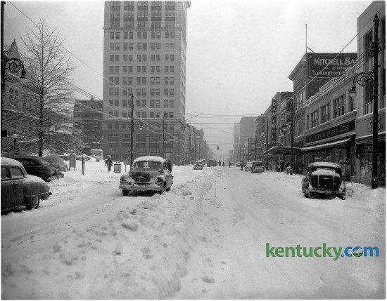 February of 1951 brought record cold temperatures to Lexington. This photo shows cars stranded along Main Street. Published in the Lexington Leader February 2, 1951. 