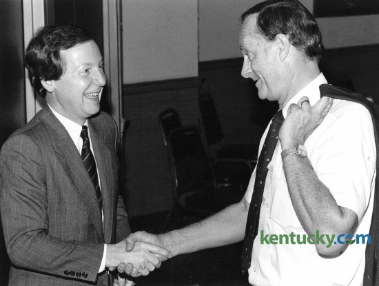 Jefferson Co. Judge-Executive Mitch McConnell shakes hands with Biff Lowery, a member of the Lexington Rotary Club Oct. 18,1984. McConell was running for what would be his first term in the U.S. Senate. Photo by Frank Anderson | staff