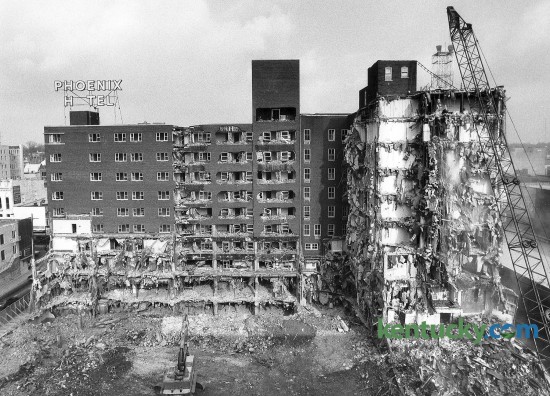 The wrecking ball brought down part of the Phoenix Hotel on Nov. 17, 1981 in Lexington, Ky. The Phoenix was demolished in 1981 and 1982 by Wallace Wilkinson, who planned to use the site to construct the World Coal Center skyscraper. It was never built and the site eventually became the Park Plaza Apartments and Phoenix Park. Photo by Charles Bertram | Staff
