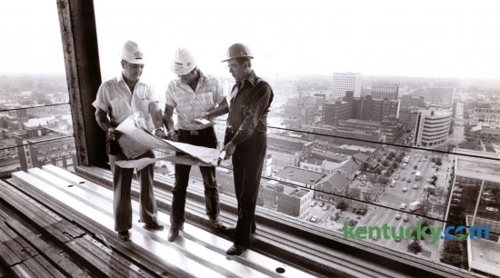In June of 1978 most of the steel was in place for Kincaid Tower, a 22 story office building in downtown Lexington. Construction superintendent Scotty Wilson, left, Roy Cooper, general foreman and Kenny Carter, foreman looked over a set of plans with the Lexington skyline in the background. The contractor for the 421,000 square foot tower were Huber, Hunt, Nicholas, Inc. out of Indianapolis. The building was completed in 1979 at a cost of $20 million and was the tallest building in central Kentucky for the next 8 years. The building became the headquarters for Kentucky Central Life Insurance. I also housed Central Bank and Trust, WVLK Radio and Kentucky Finance Company. Photo by Ron Garrison | Staff