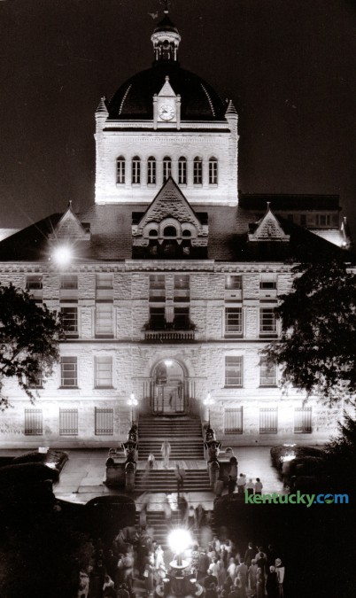 New exterior lighting was installed to illuminate the Fayette County Courthouse in August of 1989. People gathered during the evening of August 23 for the dedication of the new lighting. Photo by Alan Lessig