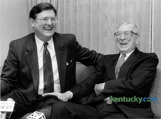 Former University of Kentucky basketball coach Joe B. Hall, left, laughs with ex-UCLA basketball coach John Wooden Nov 15, 1991 in Lexington. Wooden was in town for a dinner held by the University of Kentucky's Sanders-Brown Center on Aging Foundation. The foundation is a volunteer organization of citizens interested in seeking private funding for the UK Sanders-Brown Center on Aging. Opened in 1979, the center is recognized internationally for its research on Alzheimer's disease. "You people are givers, and giving should give you a great satisfaction," Wooden told the 700 people attending the fund-raiser. He shared a philosophy he has held since 1934. "You should never try to be better than someone else, but you should try to be your best," he said.