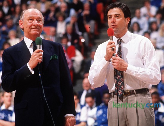 Radio play-by-play announcer for University of Kentucky basketball Cawood Ledford, left, and Wildcats coach Rick Pitino spoke to the crowd at Rupp Arena during a game in Pitino's first season at UK (1989-90).
