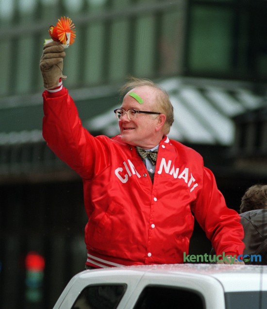 Actor Richard Sanders prepares to throw a turkey during the Lexington Christmas Parade Saturday, Dec. 6, 1997. He is better known as Les Nessmann from the TV show "WKRP in Cincinnati". He was doing his famous 'turkey drop' that was part of an esisode of the show. The 2014 Lexington Christmas parade is 7 p.m. Tuesday, Dec. 2. Photo by Charles Bertram | staff