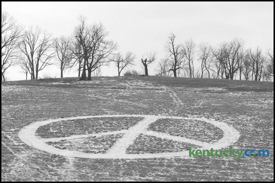 The peace sign that for years has been mowed in the grass on a farm hillside off Versailles Road just west of the Blue Grass Airport, was extremely visible with recent snowfalls in Lexington on Thursday, Feb., 14, 2008. The land is now owned by Blue Grass Airport and the peace sign is no longer in the grass.  Photo by Charles Bertram | Staff
