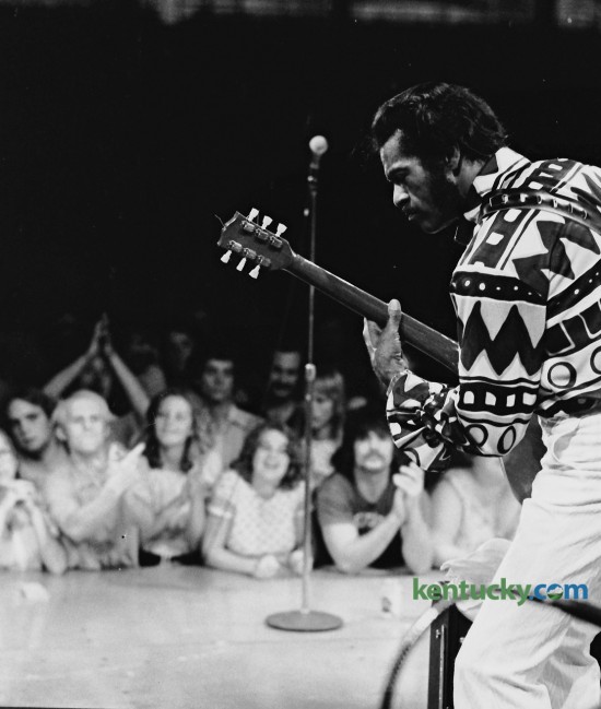 Chuck Berry performed at the Gram Parson's Memorial Country Rock Festival Friday July 2, 1976 in UK's Memorial Coliseum. Berry went on at 1 am and after a lengthy set refused to leave the stage. Promoters finally turned the power off at 2:30am. What was billed as a three-day music festival met with financial problems and Sunday's show, which was to feature Harry Chapin, was canceled. Some of the performers that did take the stage on Friday and Saturday included the Nitty Gritty Dirt Band, Doug Ross,  Ian Gillan, The Flying Burrito Brothers,  Roger McGuinn and The Band. Ray Charles was backstage Saturday night but refused to go on unless he was paid in advance. Photo by Ron Garrison | Staff