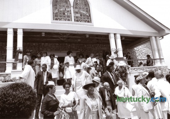 The congregation of the First African Baptist Church following Sunday service July 12, 1987. This was the first Sunday service in their new church building on Price Road. Photo by John C. Wyatt | Staff
