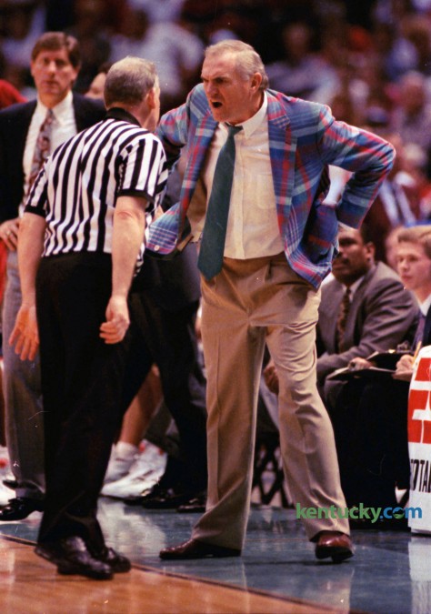 University of Alabama head coach Wimp Sanderson has a word with an official during the 1992 SEC Tournament against Kentucky. UK won 80-54, March 15, 1992. Coach Sanderson, now retired, coached at Alabama from 1981 to 1992 and the University of Arkansas at Little Rock from 1994 to 1999. Photo by Charles Bertram | Staff