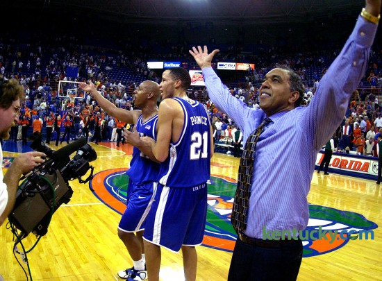 Tubby Smith, along with Tayshaun Prince and Keith Bogans, played to a hostile crowd after No. 10 Kentucky pulled out a two-point victory in Florida's O'Connell Center Jan. 29, 2002. After a plastic bottle was hurled in their direction, the trio were hustled off the floor. Bogans led Kentucky with 20, and Prince had 19 against the Gators who were ranked fifth in the nation at the time. Photo by David Perry | staff