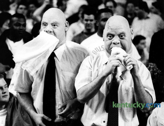 Louisville basketball fans mimic UNLV coach Jerry Tarkanian during the Cards' 97-85 loss to the Runnin' Rebels at Freedom Hall in Louisville. The loss dropped U of L to 7-9. for the seaosn, the Cards finished 14-16 and did not make the NCAA Tournament. Photo by Ron Garrison | staff