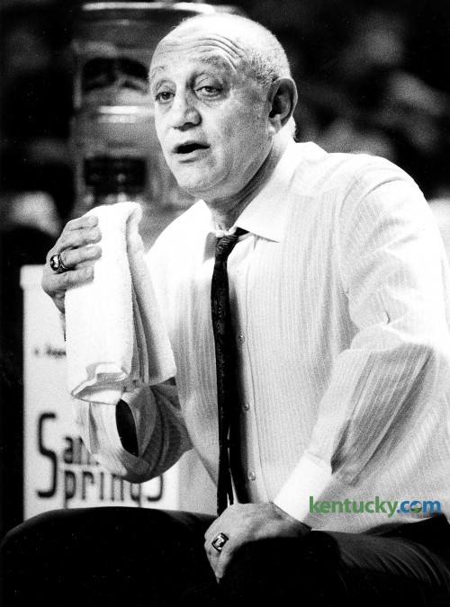 UNLV coach Jerry Tarkanian held a towel during the Runnin' Rebels 97-85 win over Louisville Jan. 26, 1991 in Freedom Hall. The win improved UNLV's record to 15-0 and they went on to enter the NCAA Tournament undefeated. The defedning National Champion Runnin' Rebels were upset in the the national semifinals to eventual champions Duke, 79-77. Photo by Ron Garrison | staff