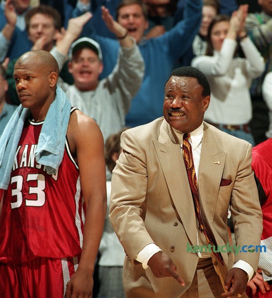 Arkansas coach Nolan Richardson reacts to an officals call Feb. 11, 1996 durning the second half of Kentucky's 88-73 win over the Razorbacks. The second-ranked Wildcats utilized a deep bench and improved to 20-1 overall and 10-0 in the Southeastern Conference. Richardson, who's Arkansas team won the NCAA title two years ealier, was known for coaching teams that played an fast-paced game with pressure defense - a style that was known as "40 Minutes of Hell." Photo by Frank Anderson | staff