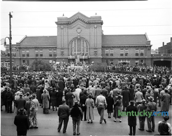 A crowd gathers outside Union Station Oct. 12, 1948 waiting to greet New York Governor Thomas E. Dewey, the Republican nominee for president. The downtown train station was located at what is now the corner of East Main Street and Martin Luther King Boulevard. It  was demolished for a parking garage in 1960. Dewey would go on to lose to the incumbent President, Harry S. Truman, in one of the greatest upsets in presidential election history. Herald-Leader Archive Photo